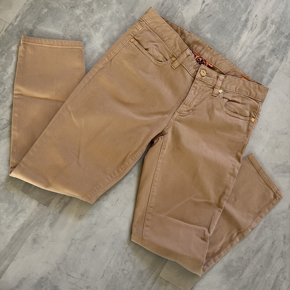 Tory Burch jeans khakis Tan/gold tone Designer engraved button and rivets EUC